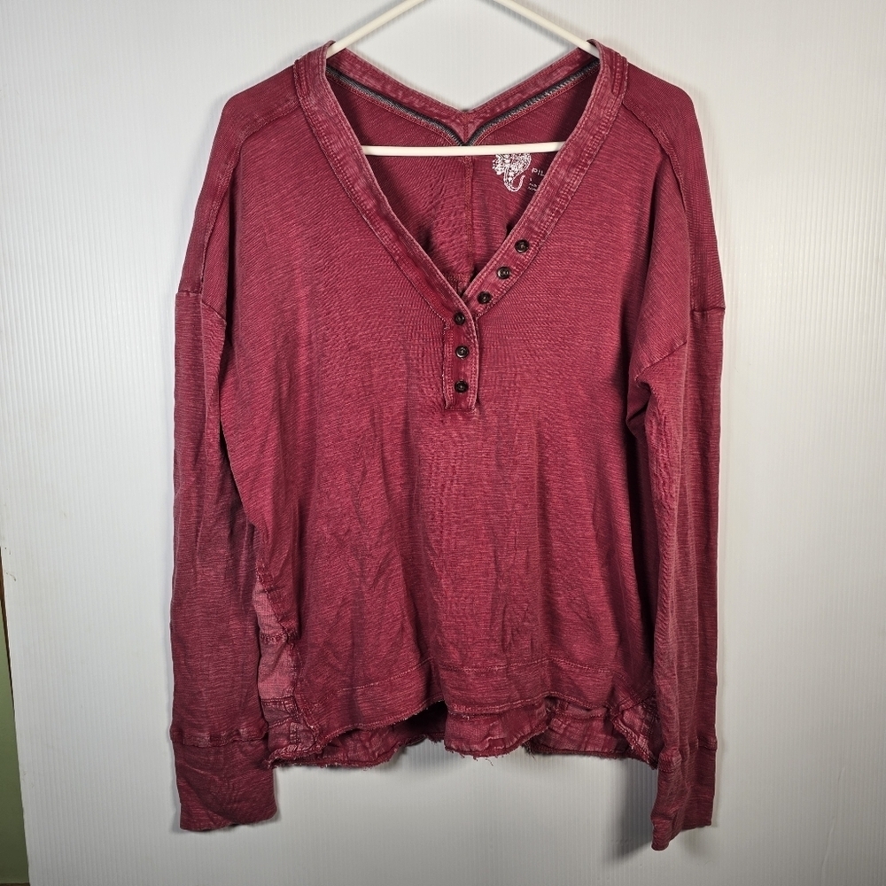 Pilcro Boho Henley Top Skater Streetwear Stretchy Distressed Faded Red Size L - Picture 3 of 14